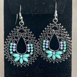 Elegant Silver Filigree Purple Turqoise Cabochon stone wired Earrings